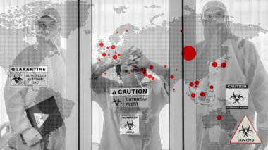 Kırmızı lekeli dünya haritasının çoklu pozlandırılması, Coronavirus covid 19 ülkenin karantina odasında covid 19 hasta ve hastalık kontrol uzmanlarıyla ve biyolojik tehlike covid 19 işareti ile örtüştüğünü gösteriyor.
