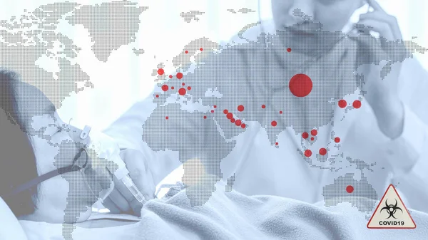 Multiexposure Mapy Świata Czerwonymi Plamami Pokazują Koronawirusa Covid Krajów Zakażonych — Zdjęcie stockowe