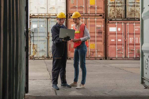 industrial background of containers cargo inspector working with shipping agent to inspect goods in container at containers yard and cargo