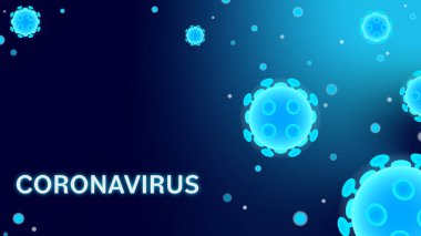 Coronavirus covid. Mavi Coronavirus covid 19 'un illüstrasyon grafik tasarımının arka planı. Koyu mavi arkaplan üzerinde beyaz harflerle Coronavirus.