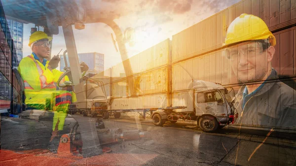 Multiexposure Logistik Industriell Fana Bakgrund Containrar Varvet Och Last Perspektiv — Stockfoto