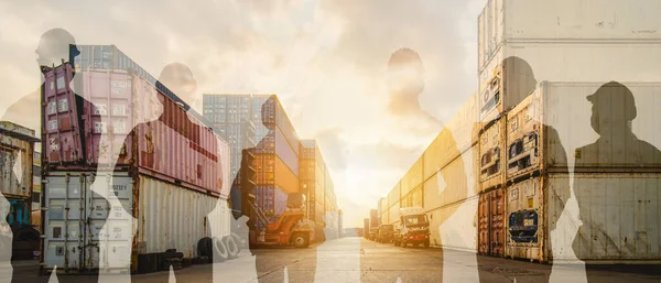 Mehrfachbelichtung Logistik Industriebanner Hintergrund Der Container Hof Und Fracht Perspektive — Stockfoto