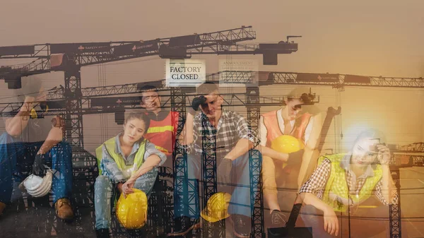 Multiexposition Industriellen Hintergrund Der Enemployment Bauarbeiter Und Arbeiter Sitzen Einer — Stockfoto