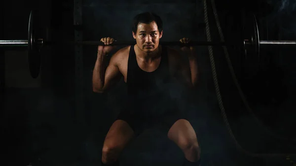 Asian Athletic Strong Man Having Workout Bodybuilding Barbells Weightlifting Backsquat — Stock Photo, Image
