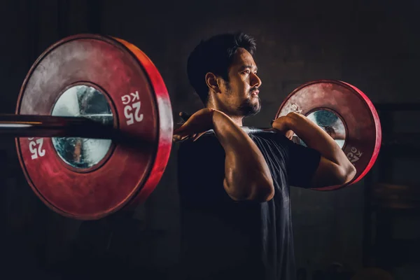 Asian Athletic Strong Man Having Workout Bodybuilding Barbells Weightlifting Front — Stock Photo, Image