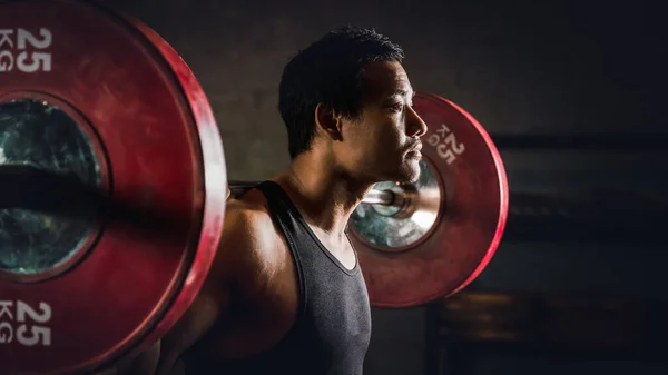 Asian Strong Athletic Man Having Workout Bodybuilding Barbells Weight Lifting — Stock Photo, Image