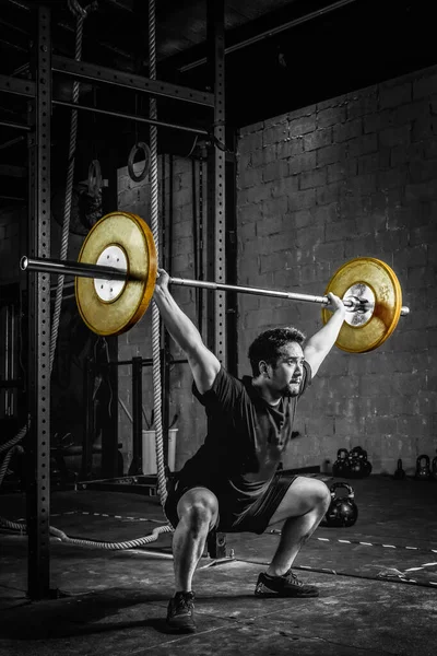 Asian Strong Athletic Man Having Workout Bodybuilding Barbells Weight Lift — Stock Photo, Image