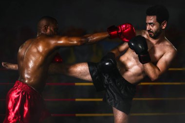 african american boxer making yap punch in defencing to caucasian boxer making yap in muay thai or kickboxing fighting mactch clipart