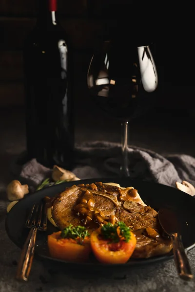 Food Background Pork Chop Steak Champignon Sauce Served Mash Potato — Stock Photo, Image