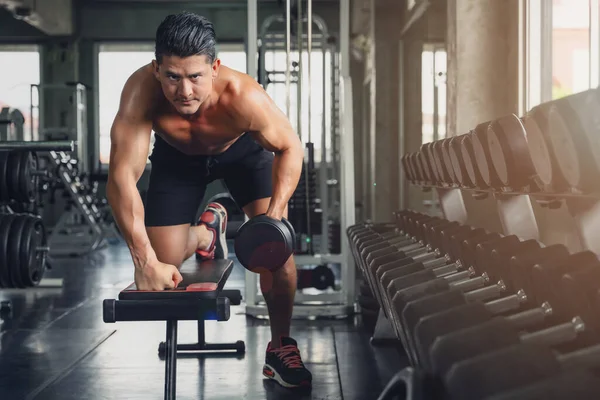 Caucasiano Masculino Atlético Musculação Treino Treinador Tendo Haltere Haltere Levantamento — Fotografia de Stock