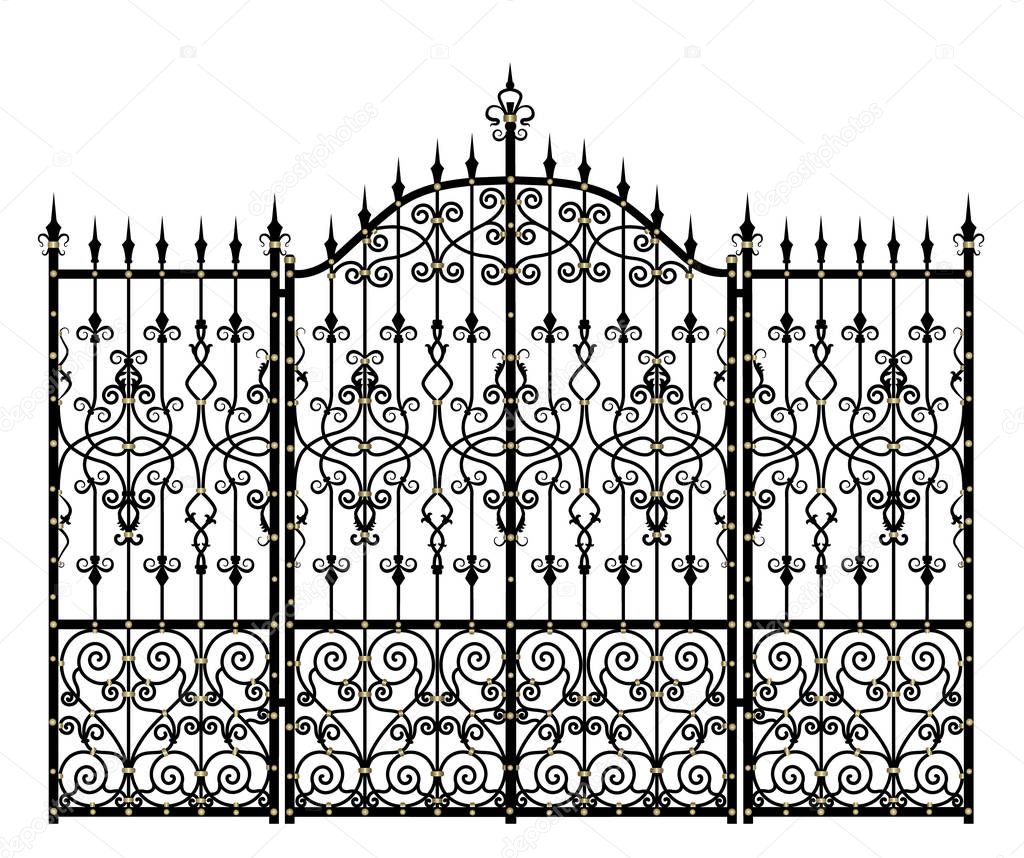 Black Vintage wrought-iron gates and fence on a white background