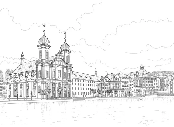 Dibujo Del Paseo Marítimo Del Lago Lucerna Lucerna Suiza — Foto de Stock