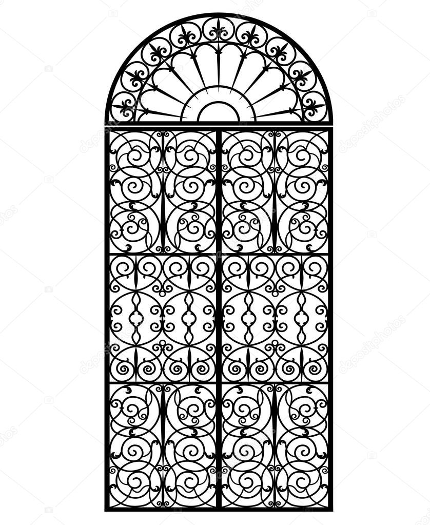 arched metal gate with forged ornaments on a white background