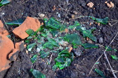 Yeşil şişe parçaları ve tuğla yere.