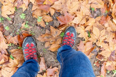 Yürüyüş botlarıyla düşen portakal yapraklarına basan bir adamın bacakları.