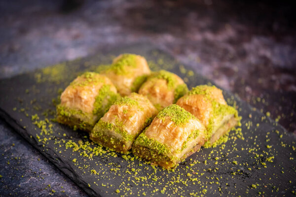 Walnut, Pistachio Turkish Style Antep Baklava Presentation. Baklava from Turkish cuisine