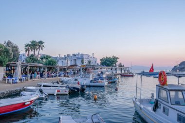 Gumusluk, Bodrum sahilindeki restoran ve bougainvillea çiçekleri. Güzel Ege Denizi yakınlarındaki Bodrum kasabasında renkli sandalyeler, masalar ve çiçekler.