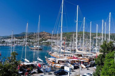 Şatosu, plajı ve marinası olan Bodrum Downtown. Bodrum Sahili manzarası, Bodrum ilçesindeki geleneksel beyaz evler, tekneler, yatlar.