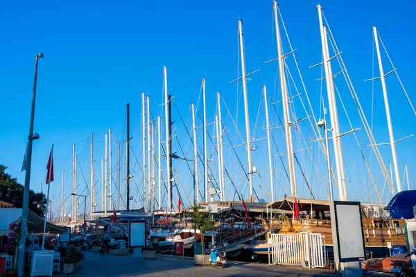 Vista Bodrum Beach Casas Brancas Tradicionais Barcos Iates Bodrum Cidade — Fotografia de Stock