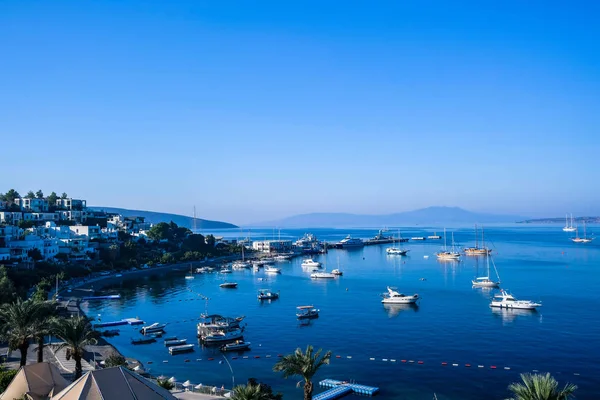 Vista Bodrum Beach Casas Brancas Tradicionais Barcos Iates Bodrum Cidade — Fotografia de Stock