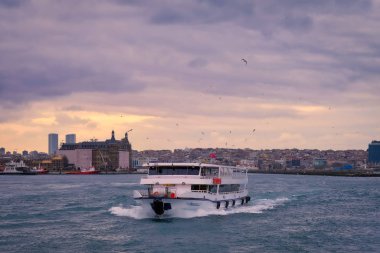 İstanbul Boğazı 'nda yolcu taşıyan feribotlar. Bakire Kulesi 'nin manzarası.