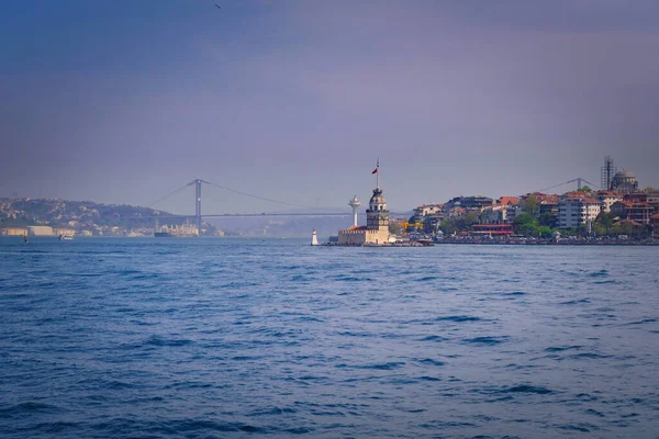 Landscape of the Maiden\'s Tower. The Maiden\'s Tower is on the waters of Uskudar and it can be considered as the cornerstone of the Bosphorus.