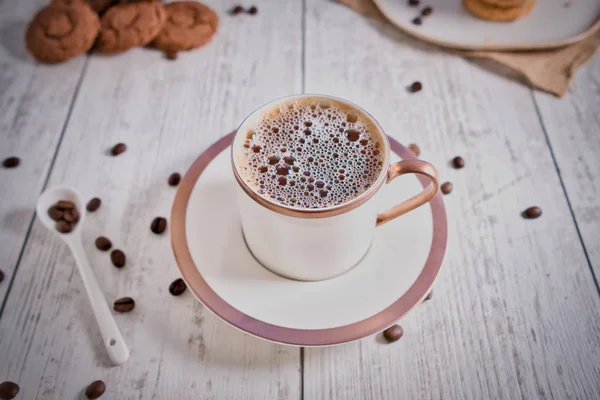 Roasted Brown Coffee Beans Hot Coffee Beautifully Stacked Cookies Chocolate — 스톡 사진