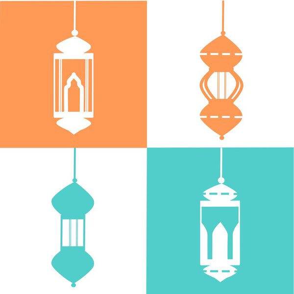  Set of Ramadan Kareem Lantern celebration lamp illustration. Vector Arab Islam culture festival decoration religious fanoos glowing symbol white background Traditional Muslim poster card design.