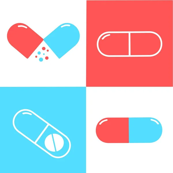 Medical Pills Icons Set White Blue Red Background Medicine Pharmacy — Stok Vektör