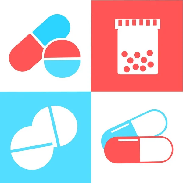 Medical Pills Icons Set White Blue Red Background Medicine Pharmacy — Stock vektor