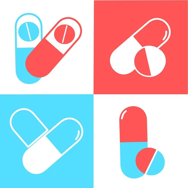 Icone Pillole Mediche Impostate Sfondo Bianco Blu Rosso Medicina Farmacia — Vettoriale Stock