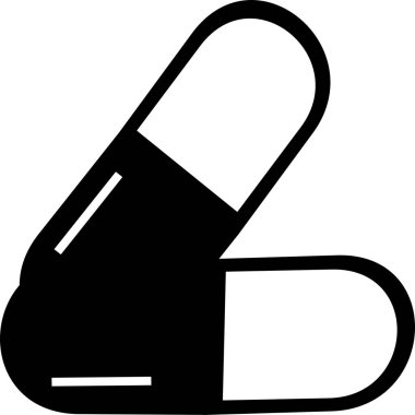 Siyah ilaç ikonu beyaz arka planda izole edilmiş. İlaç, eczane, ilaç hastanesi. İlaç, ilaç konsepti. Vektör çizimi. Uyuşturucu yassı simgesi: hap, kapsül.