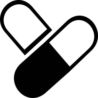 Siyah ilaç ikonu beyaz arka planda izole edilmiş. İlaç, eczane, ilaç hastanesi. İlaç, ilaç konsepti. Vektör çizimi. Uyuşturucu yassı simgesi: hap, kapsül.