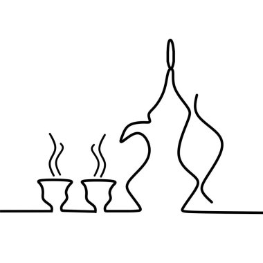 Ramazan İftar Partisi Geleneksel Siyah Çaydanlık Yemekte fincan ile. Arap el yazısıyla Ramazan Kareem İslam bayramı için beyaz arka planda Arap kahvesi logosu olan bayram.