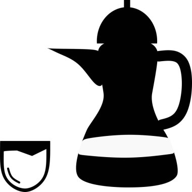 Ramazan İftar Partisi Geleneksel Siyah Çaydanlık Yemekte fincan ile. Arap el yazısıyla Ramazan Kareem İslam bayramı için beyaz arka planda Arap kahvesi logosu olan bayram.