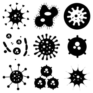 Bakteriler, Mikroplar ve Virüsler Simgeleri Set, düz tasarım sağlığında mobil kavramlar ve web uygulamaları için elementler içeren işaretler ve semboller. Koleksiyon modern bilgi logosu ve pictogram. Corona Virüs Vektörü.