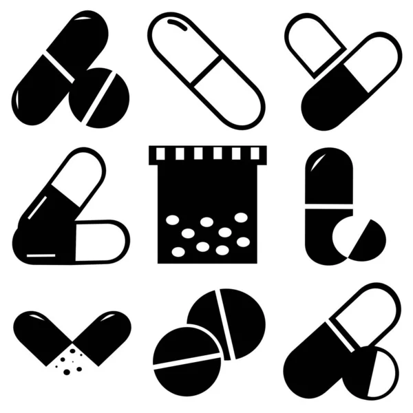 Icônes Pilules Médicales Mis Sur Blanc Fond Médecine Pharmacie Ensemble — Image vectorielle