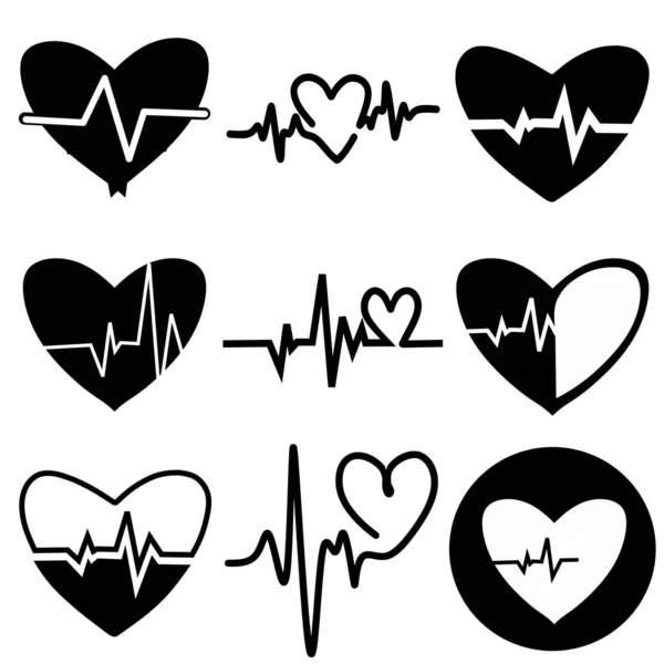 一组心脏脉动的黑色 心律失常孤独心动图美丽的医疗保健 医疗背景 现代的简单设计 艾康标志或标志 平面样式矢量图解 超声心动图 — 图库矢量图片