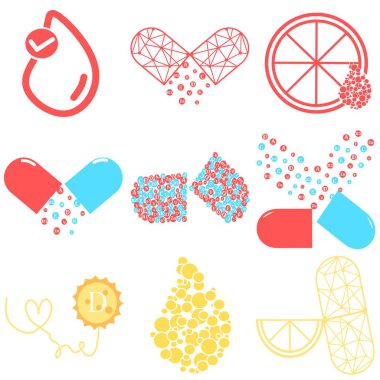 Temel vitamin ve mineral kompleksi seti. Vektör tasarım vitamin hapları kapsülleri. Multi Vitamin Kompleksi simgeleri. Multivitamin takviyesi, vitamin logosu. Diyet Infographic posteri. Bilim