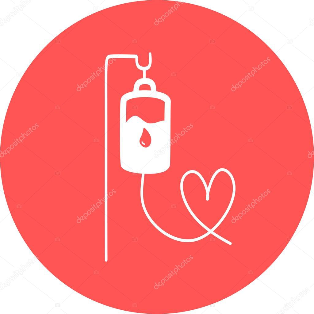 Infusion icon. Intravenous bag, blood, drip. Medical help concept. Vector illustration can be used for topics like hospital, therapy, chemotherapy. Iv, infuse, blood bag. Tube and blood collection.
