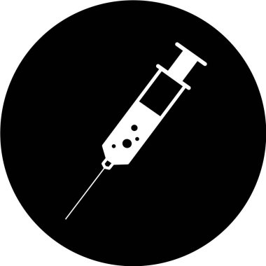 Tıbbi şırınga, deri altı iğnesi, siyah halka ikonunda aşı konsepti. Moda düz stil vektör illüstrasyonu. Uyuşturucu işi konsepti. Sembol web sitesi tasarımı, logo, uygulama, UI.