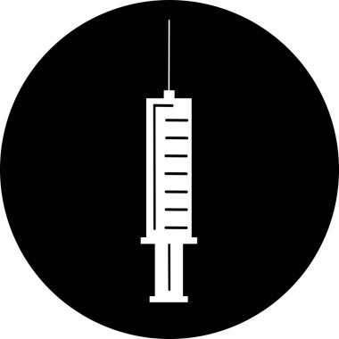 Tıbbi şırınga, deri altı iğnesi, siyah halka ikonunda aşı konsepti. Moda düz stil vektör illüstrasyonu. Uyuşturucu işi konsepti. Sembol web sitesi tasarımı, logo, uygulama, UI.