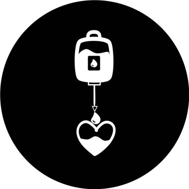 Siyah halka simgesindeki kan. Kalp şeklinde tüp ile kan bağışı torbası. EPS10 vektör biçimi. Web sitesi tasarımı, simge, logo, uygulama, UI. Vektör çizimi. Dünya kan bağışçısı.