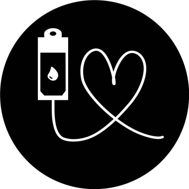 Siyah halka simgesindeki kan. Kalp şeklinde tüp ile kan bağışı torbası. EPS10 vektör biçimi. Web sitesi tasarımı, simge, logo, uygulama, UI. Vektör çizimi. Dünya kan bağışçısı.