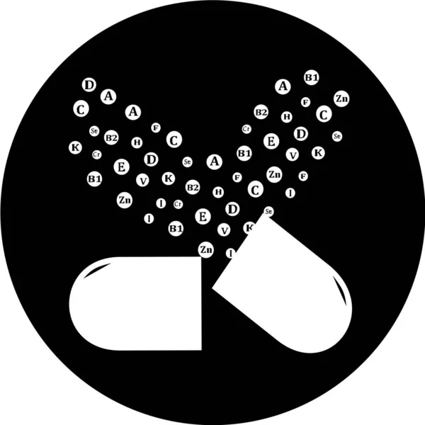 黒丸のアイコンに不可欠なビタミンやミネラル複合体 ベクトル創造的なデザインビタミン薬カプセル 複数のビタミン複合体アイコン マルチビタミンサプリメント ビタミンロゴ 国会インフォグラフィックポスター — ストックベクタ