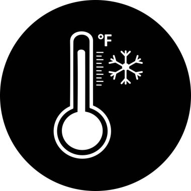 Termometre siyah daire simgesinde. Isı ya da soğuğu ölçen fahrenhayt meteoroloji termometresi, vektör illüstrasyonu. Termometre termometresi sıcak ya da soğuk hava gösteriyor. Tıbbi termometre.