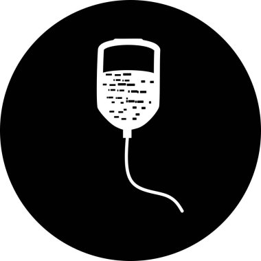 Siyah halka simgesinde infüzyon. Damar içi torbası, kan, damla. Tıbbi yardım konsepti. Vektör illüstrasyonu hastane, terapi, kemoterapi gibi konularda kullanılabilir. Serum, serum, kan torbası..