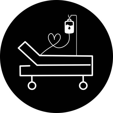 Siyah daire ikonunda hastane yatağı. Yoğun bakım ünitesi ikonu. Diriltme, rehabilitasyon, hastane koğuşu. Tıp konsepti. Vektör illüstrasyonu sağlık hizmetleri, hastane gibi konularda kullanılabilir.