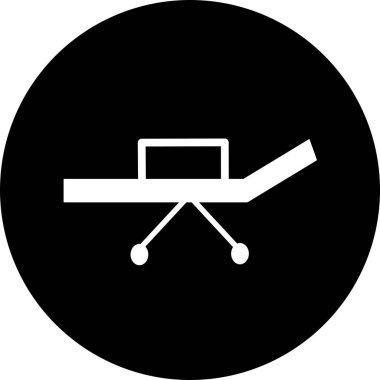 Siyah daire ikonunda hastane yatağı. Yoğun bakım ünitesi ikonu. Diriltme, rehabilitasyon, hastane koğuşu. Tıp konsepti. Vektör illüstrasyonu sağlık hizmetleri, hastane gibi konularda kullanılabilir.