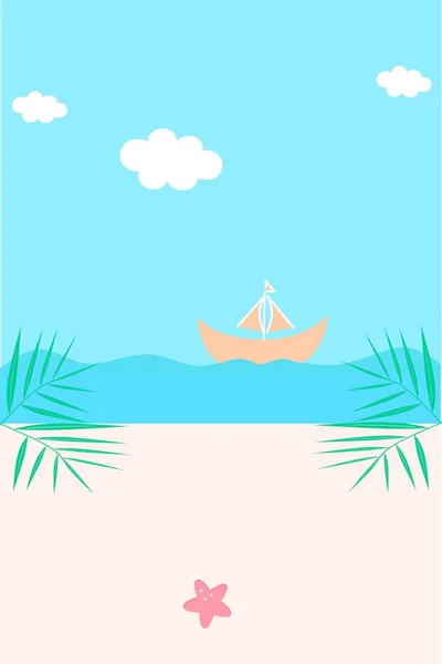 Strandhintergrund Mit Seesternen Sandboot Kokosnussblättern Und Meer Plakat Mit Meerblick — Stockvektor